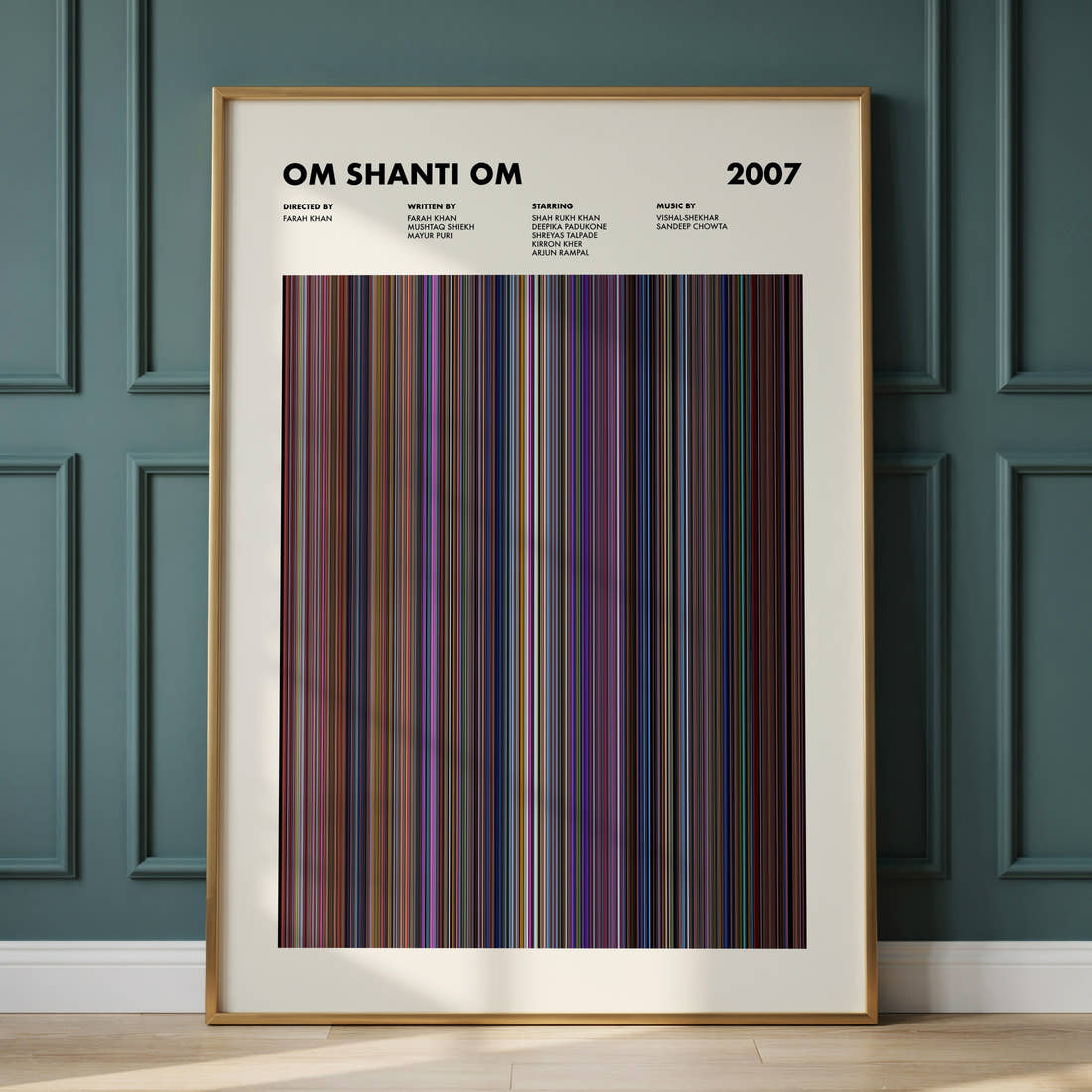 Om Shanti Om Movie Barcode Poster framed and leaning against a panelled wall