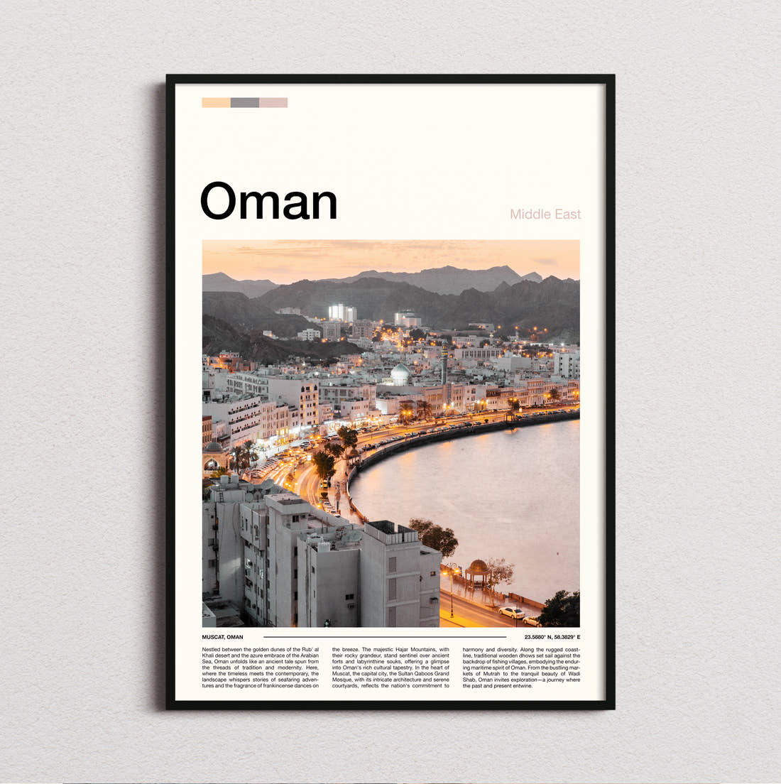 Oman Waterfront Buildings And Bay Travel Print framed and photographed straight on