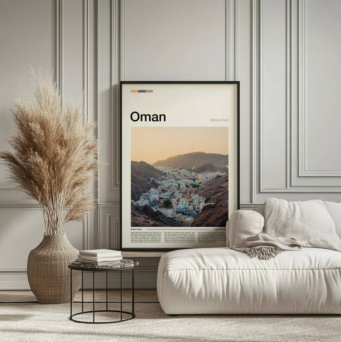 Oman Whitewashed Houses In The Valley Travel Print framed on the wall of a calm, neutral bedroom