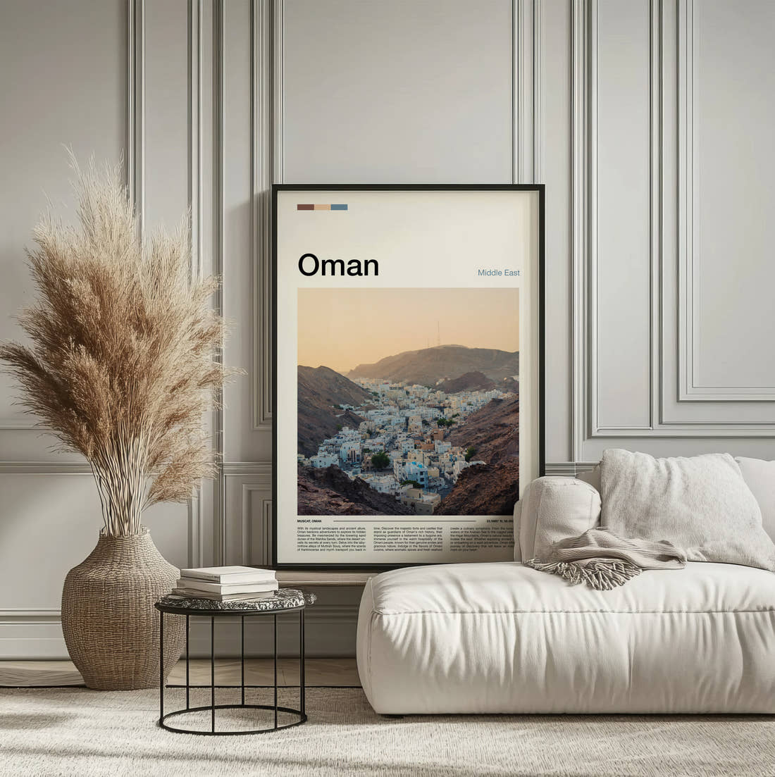 Oman White Village Below The Hills Travel Print framed on the wall of a calm, neutral bedroom