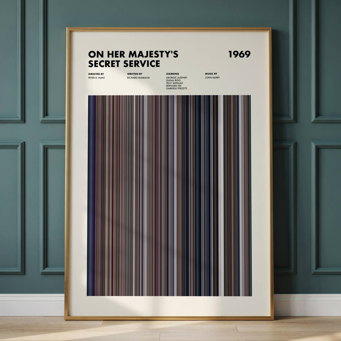 On Her Majesty's Secret Service Movie Barcode Poster framed and leaning against a panelled wall
