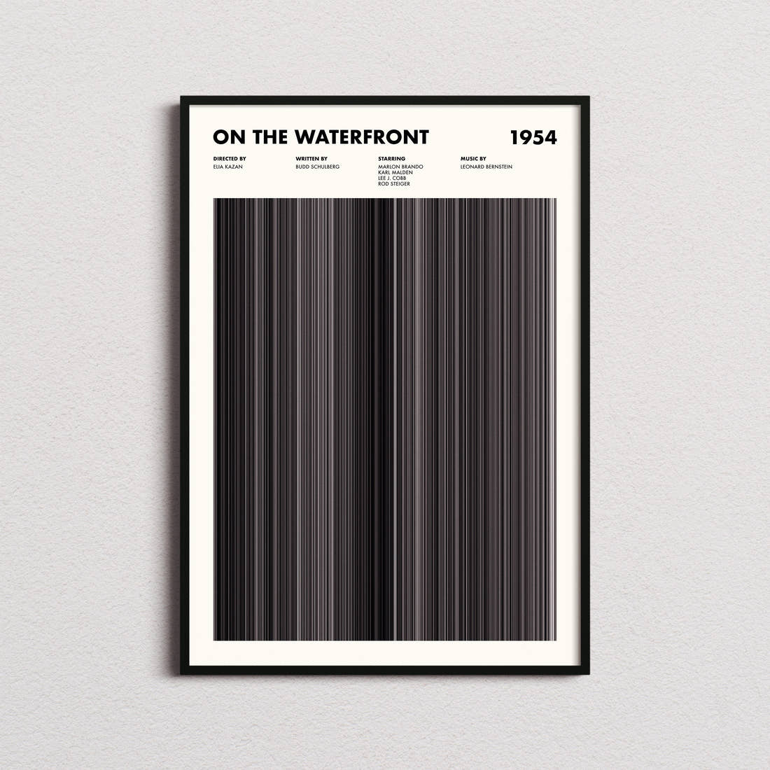On The Waterfront Movie Barcode Poster framed on a plain studio wall