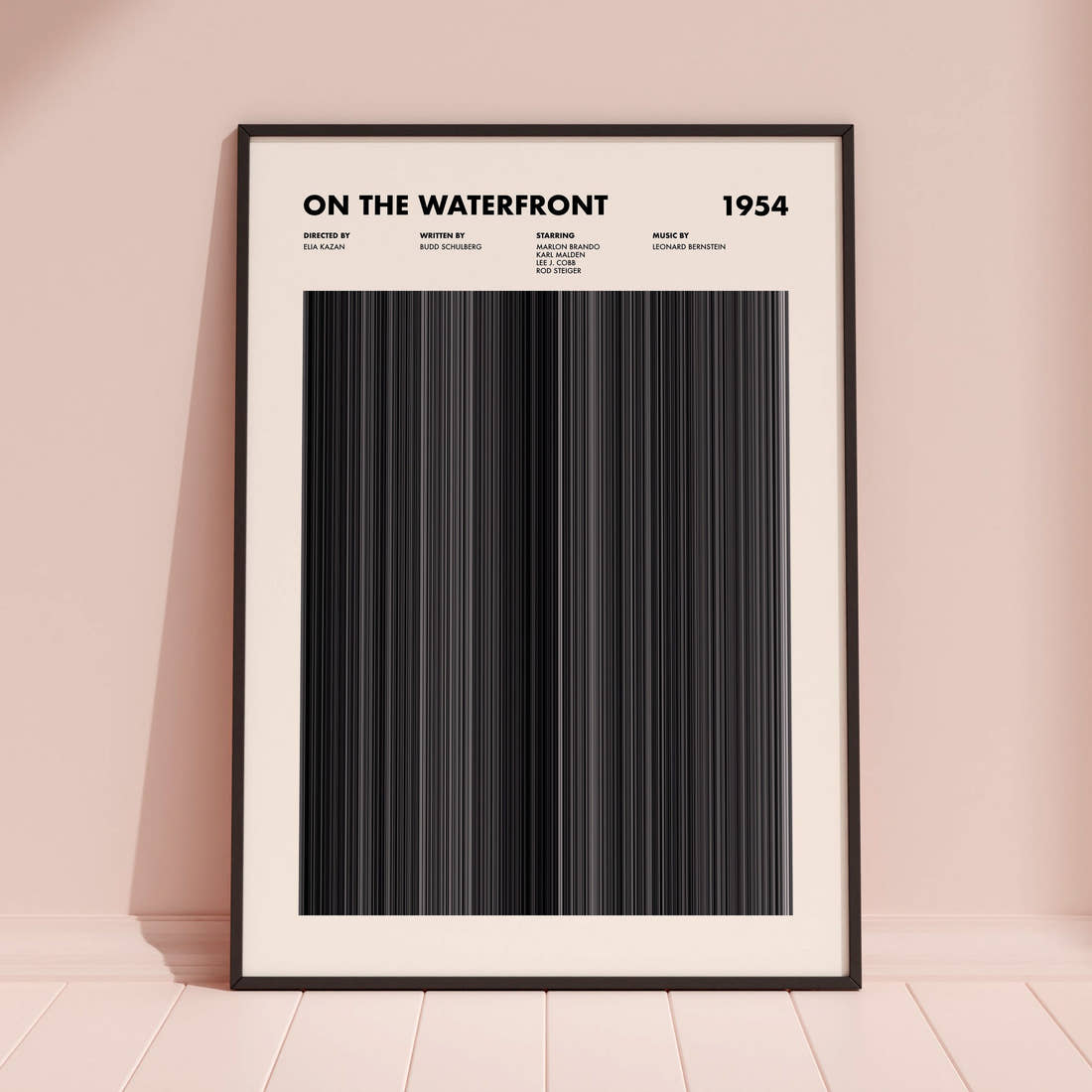 On The Waterfront Movie Barcode Poster framed and leaning against a coloured wall