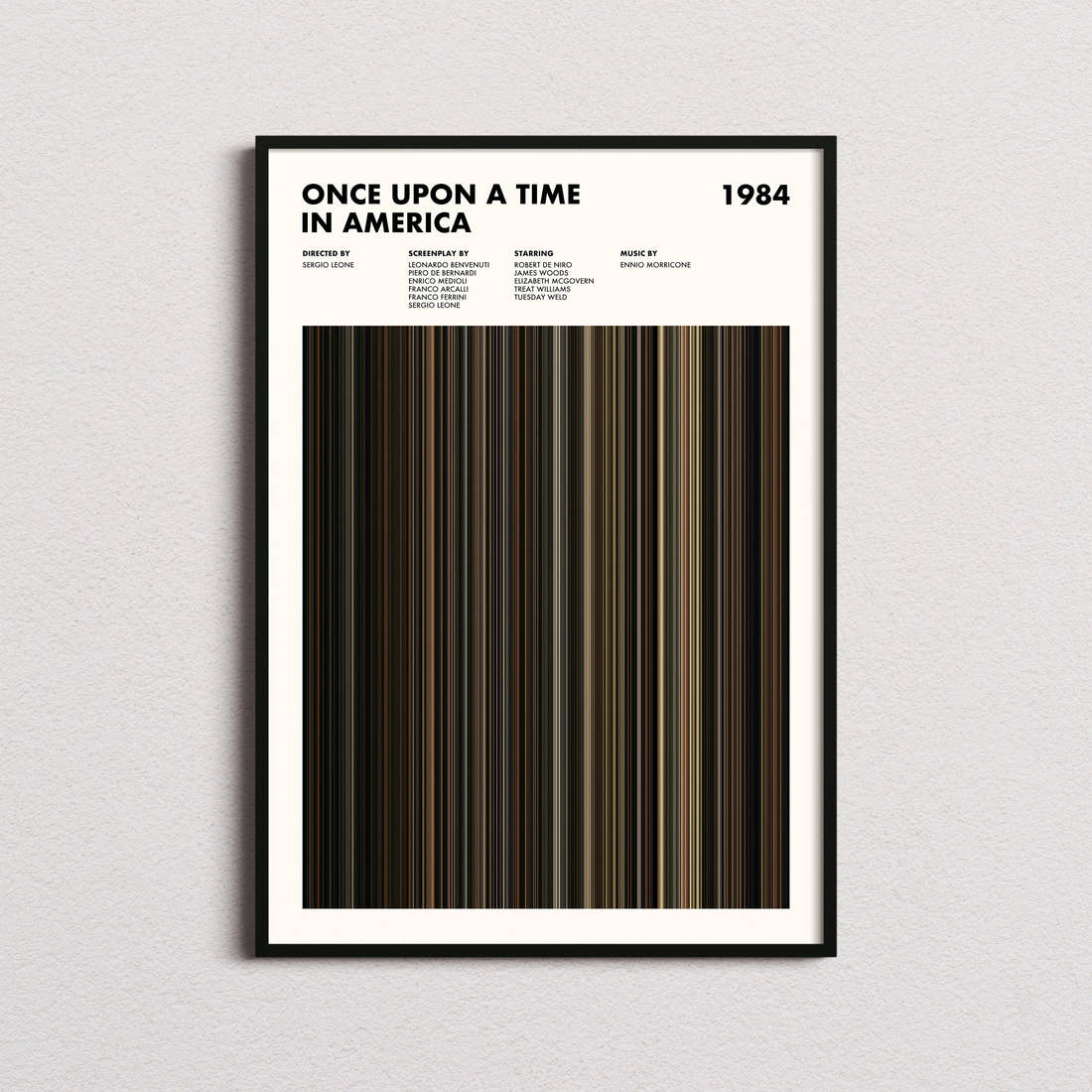 Once Upon a Time in America Movie Barcode Poster framed on a plain studio wall