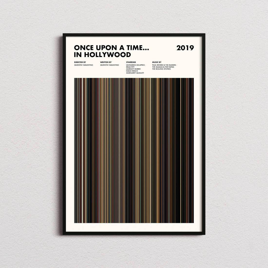 Once Upon A Time In Hollywood Movie Barcode Poster framed on a plain studio wall