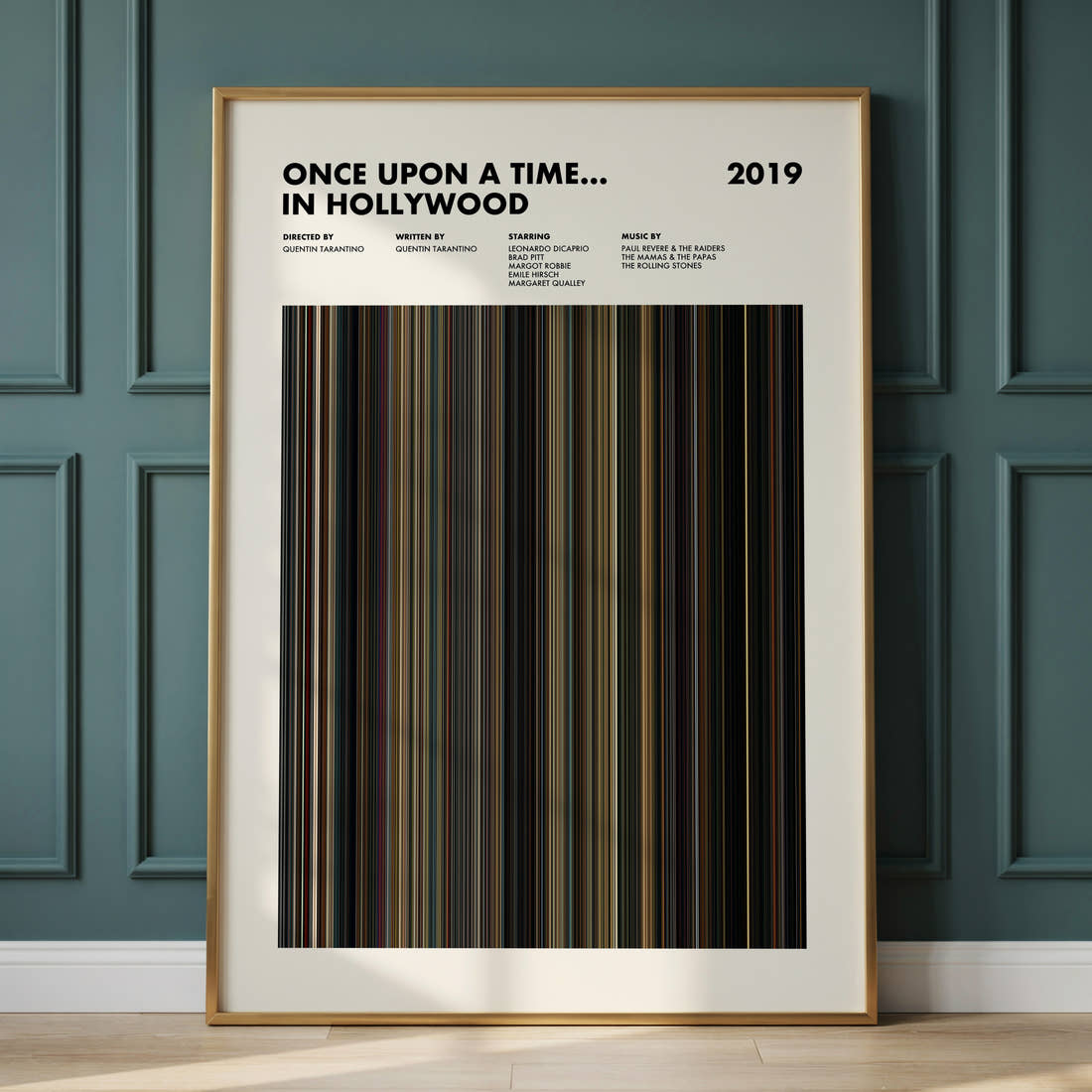 Once Upon A Time In Hollywood Movie Barcode Poster framed and leaning against a panelled wall