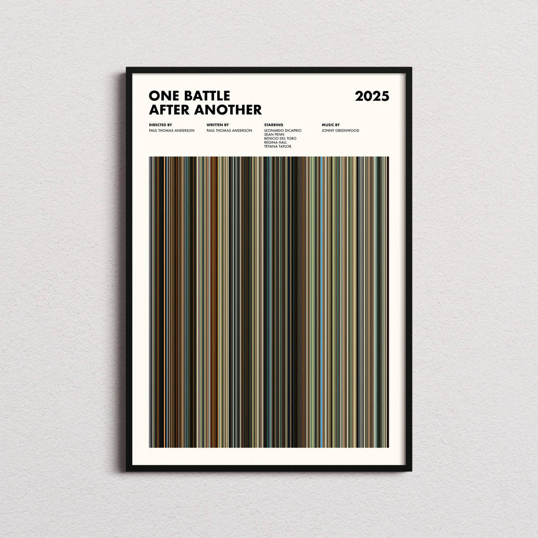 One Battle After Another Movie Barcode Poster framed on a plain studio wall