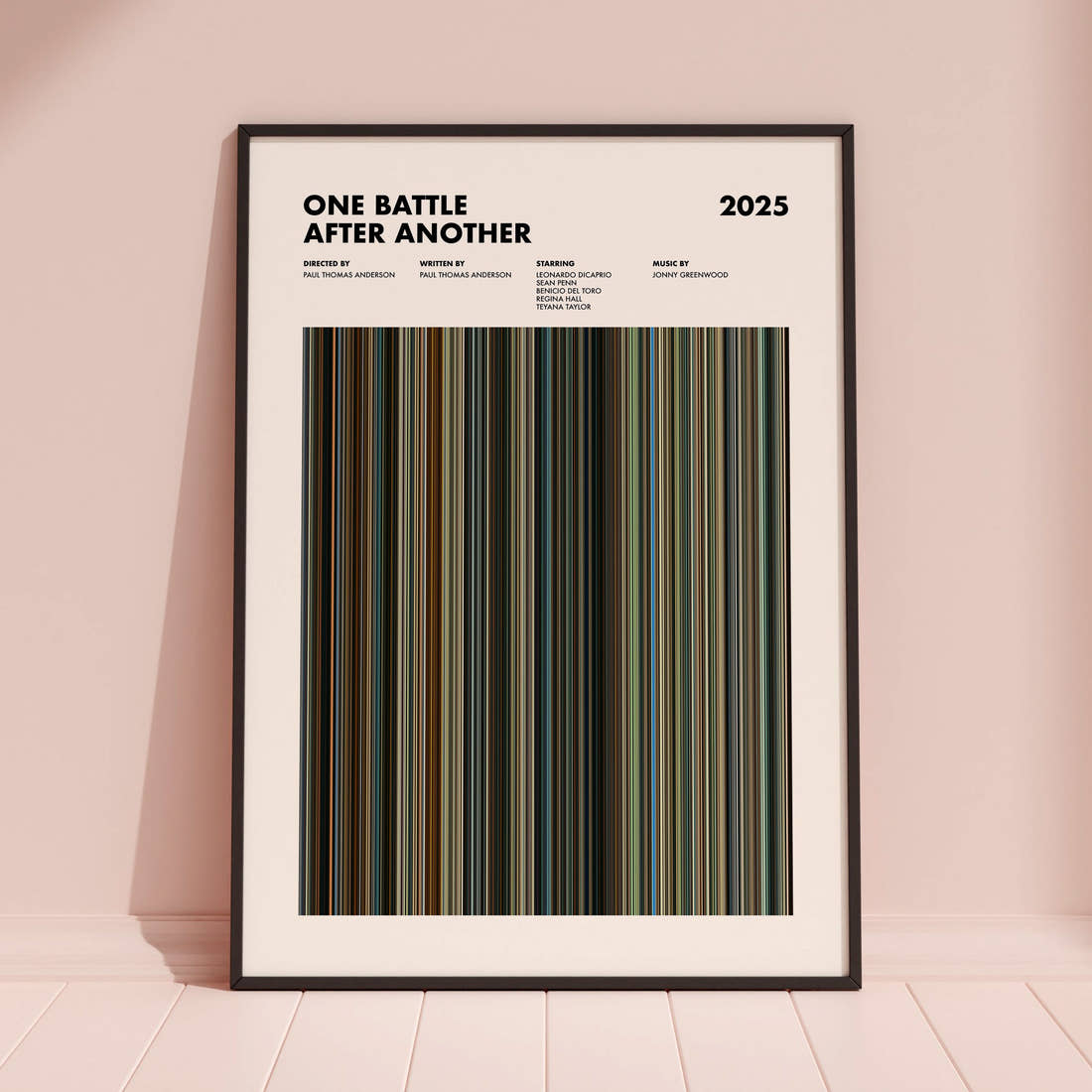 One Battle After Another Movie Barcode Poster framed and leaning against a coloured wall