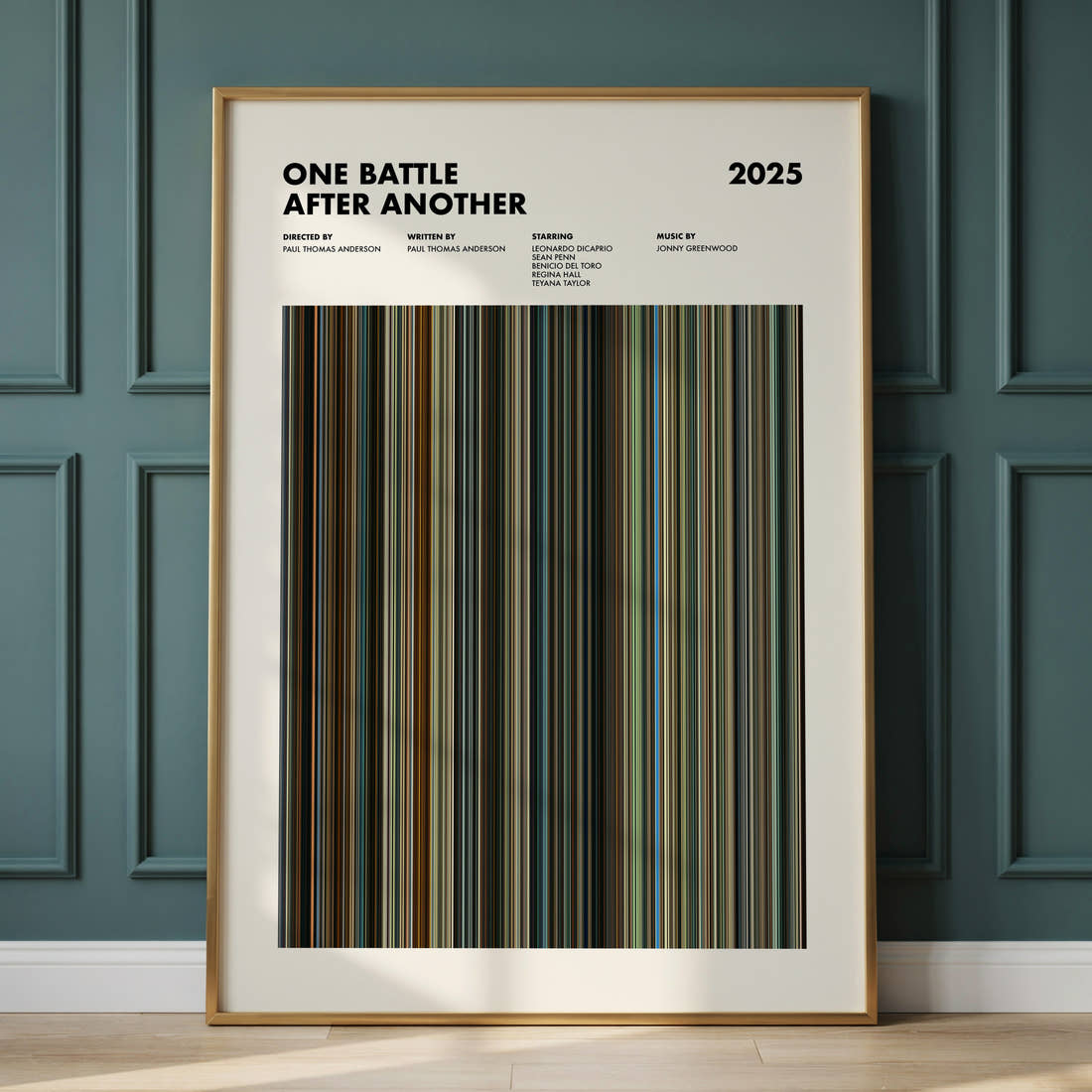 One Battle After Another Movie Barcode Poster framed and leaning against a panelled wall