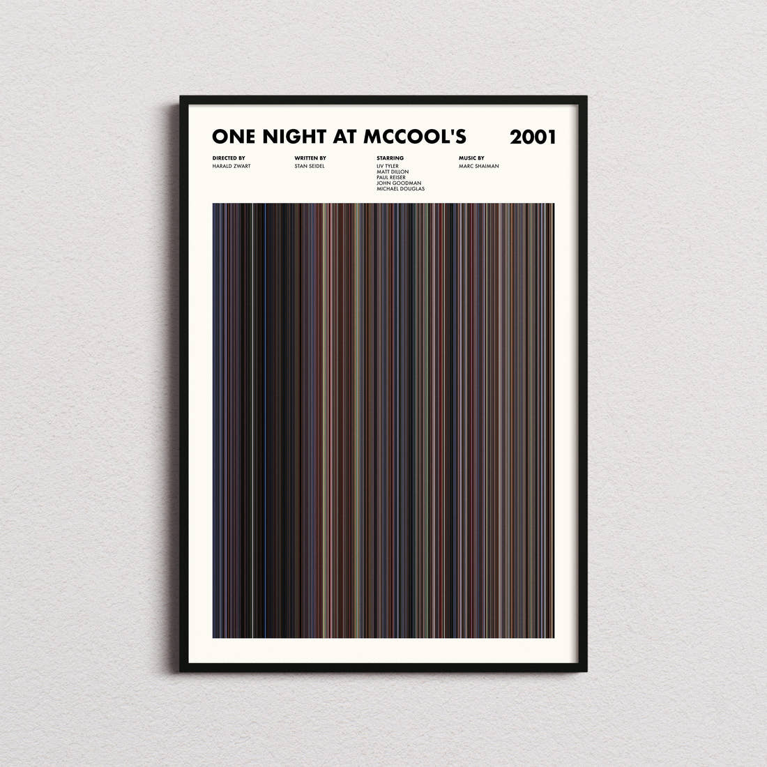 One Night At McCool's Movie Barcode Poster framed on a plain studio wall