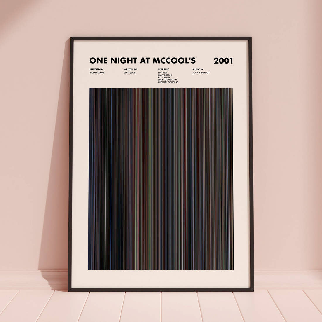 One Night At McCool's Movie Barcode Poster framed and leaning against a coloured wall