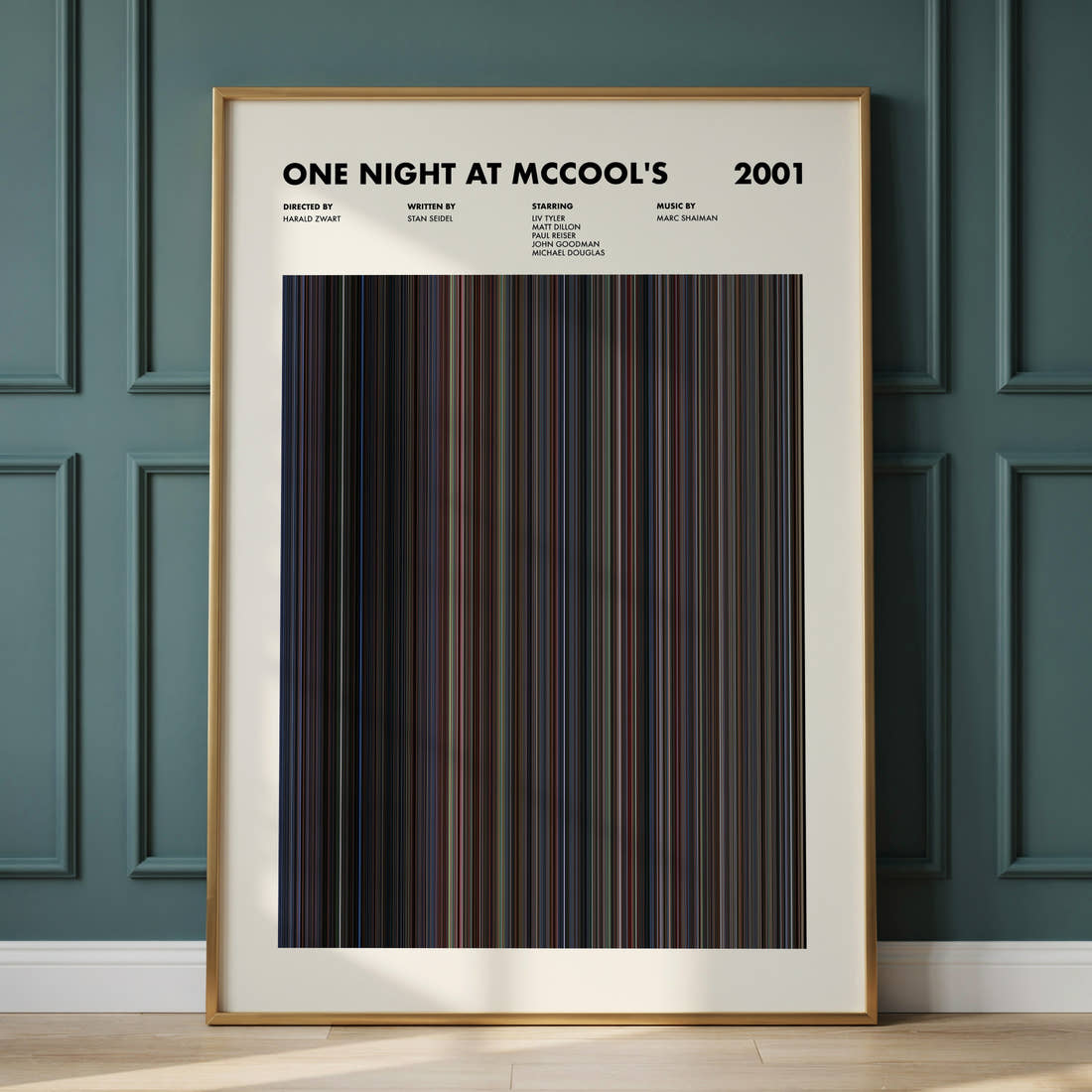 One Night At McCool's Movie Barcode Poster framed and leaning against a panelled wall