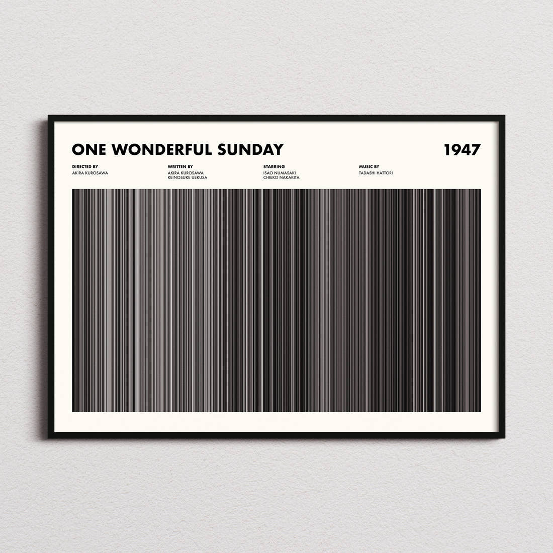 One Wonderful Sunday Movie Barcode Poster framed and photographed straight on
