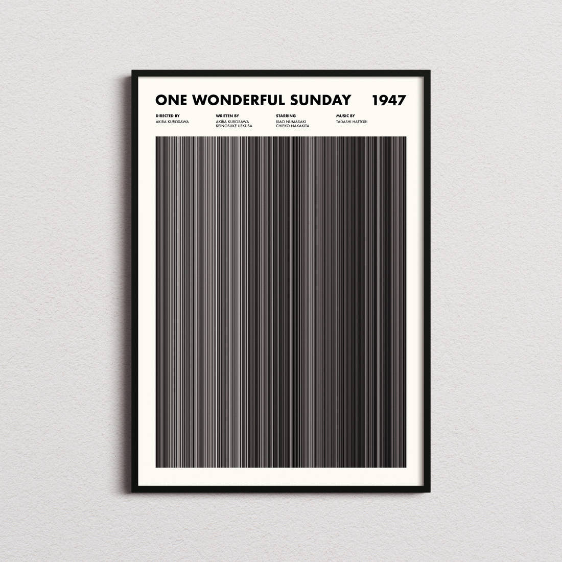 One Wonderful Sunday Movie Barcode Poster framed on a plain studio wall