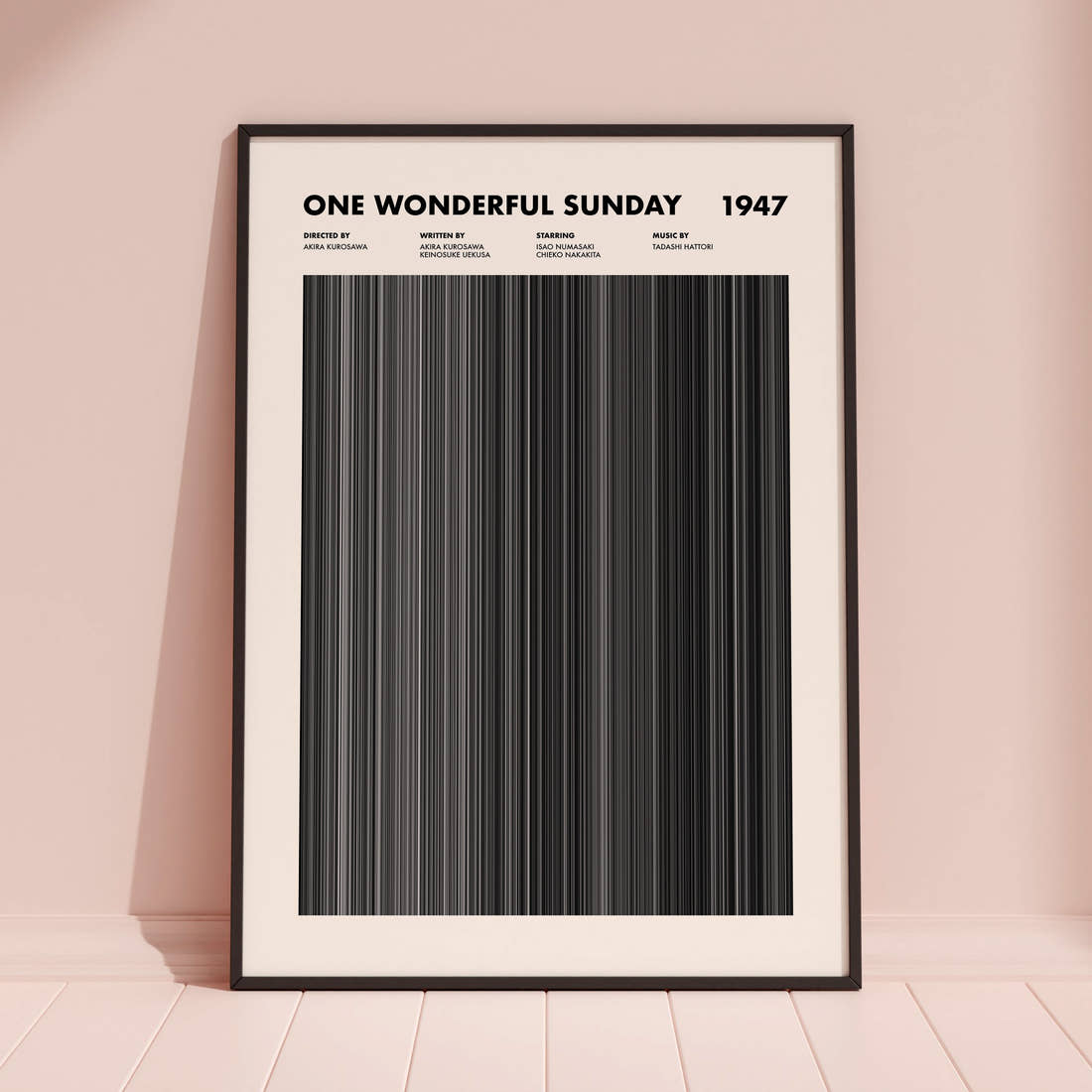 One Wonderful Sunday Movie Barcode Poster framed and leaning against a coloured wall