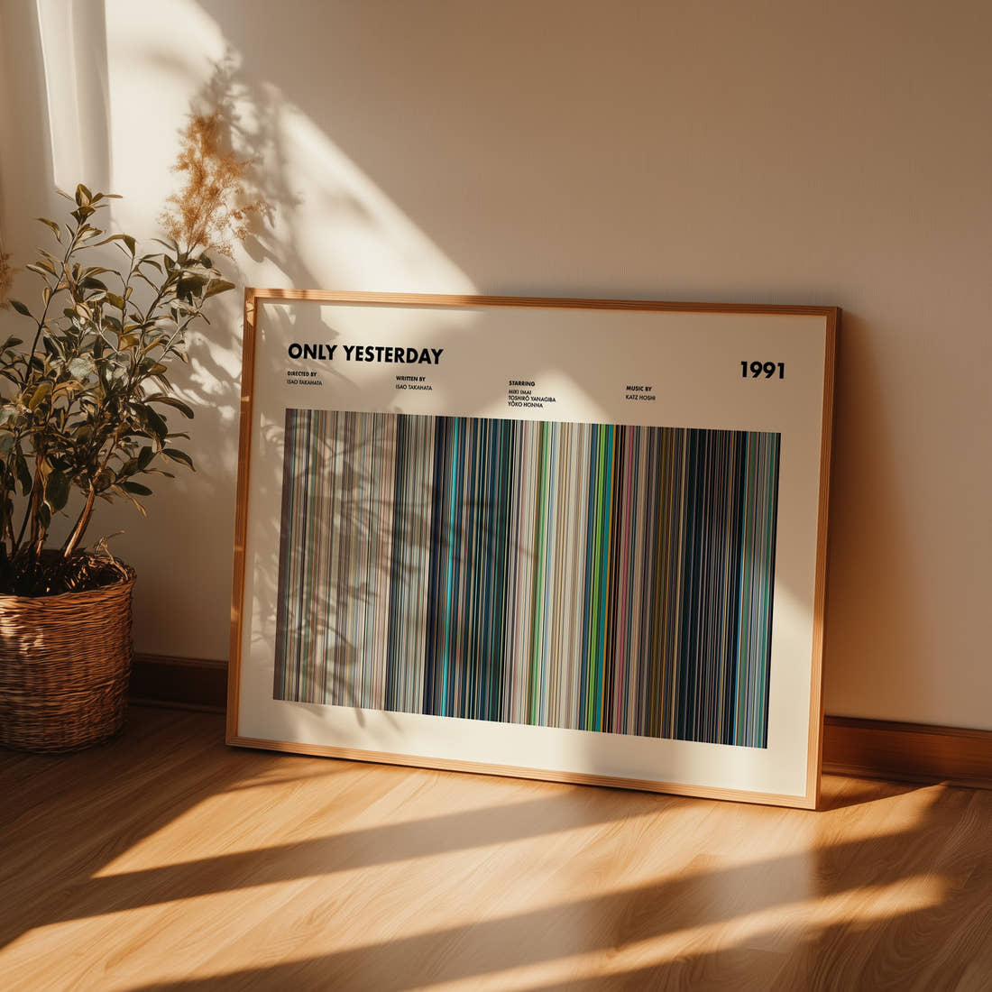 Only Yesterday Movie Barcode Poster framed and leaning against a wall on a wooden floor