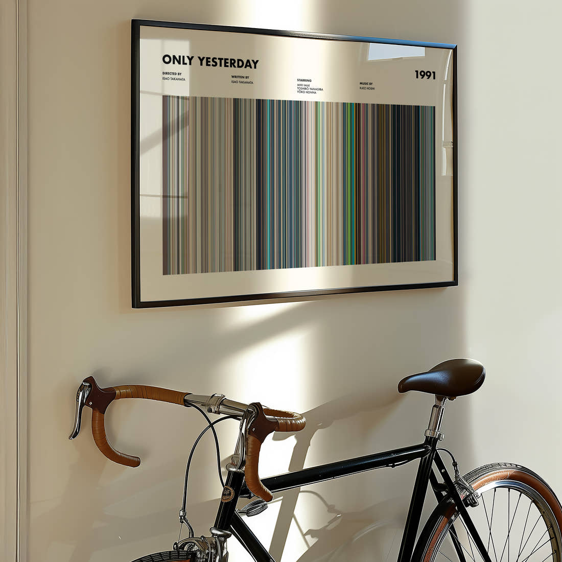 Only Yesterday Movie Barcode Poster framed on the wall of a styled room setting