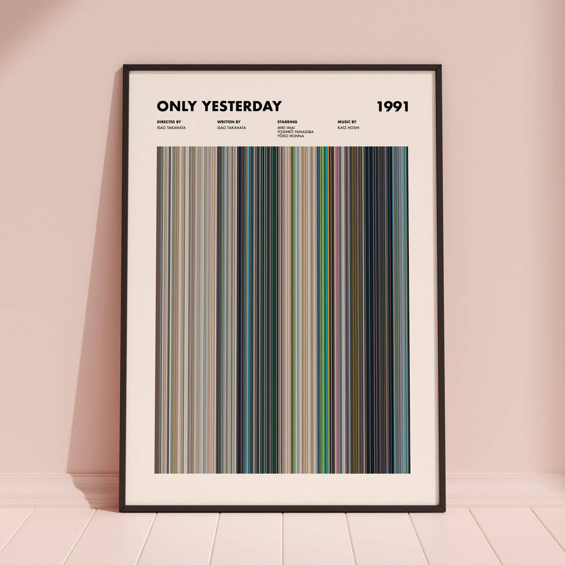 Only Yesterday Movie Barcode Poster framed and leaning against a coloured wall