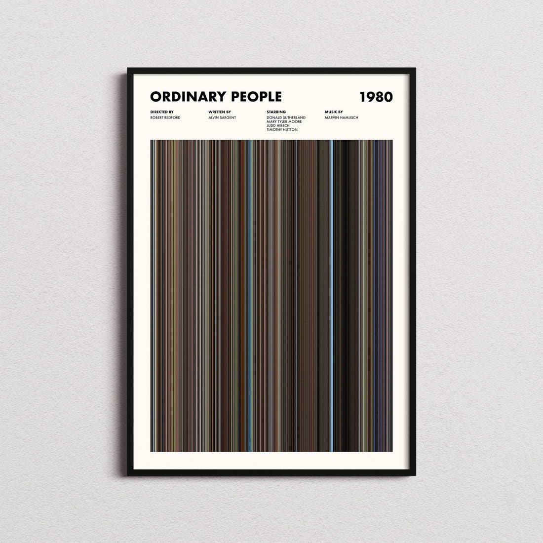 Ordinary People Movie Barcode Poster framed on a plain studio wall