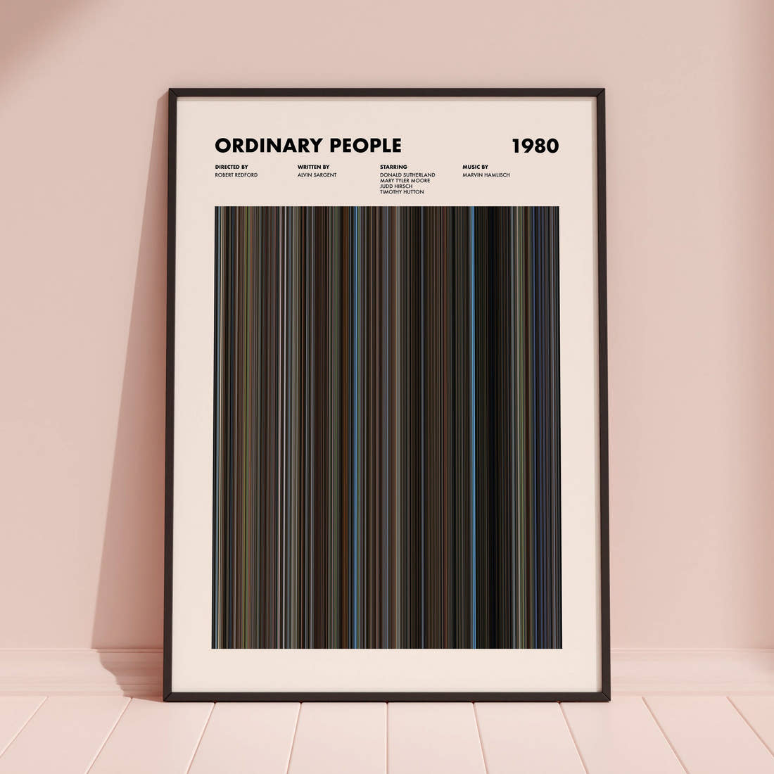 Ordinary People Movie Barcode Poster framed and leaning against a coloured wall