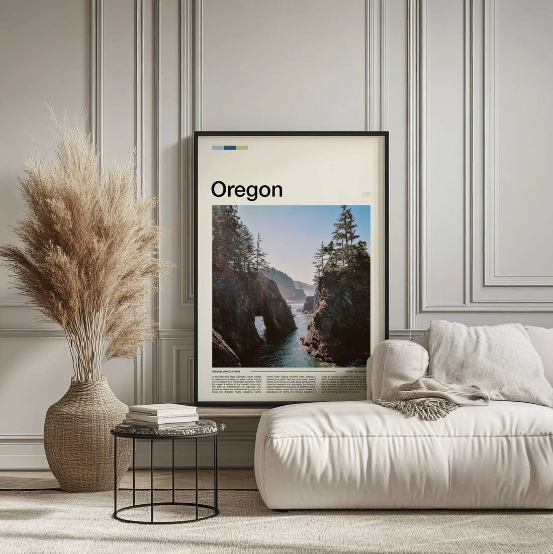 Oregon Sea Arch On The Coast Travel Print framed on the wall of a calm, neutral bedroom