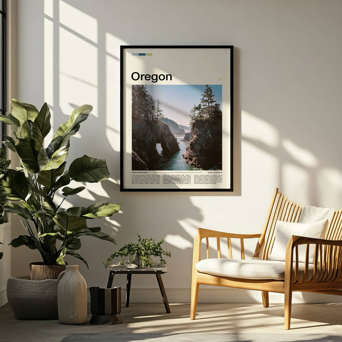 Oregon Sea Arch On The Coast Travel Print framed on a pale wall beside houseplants