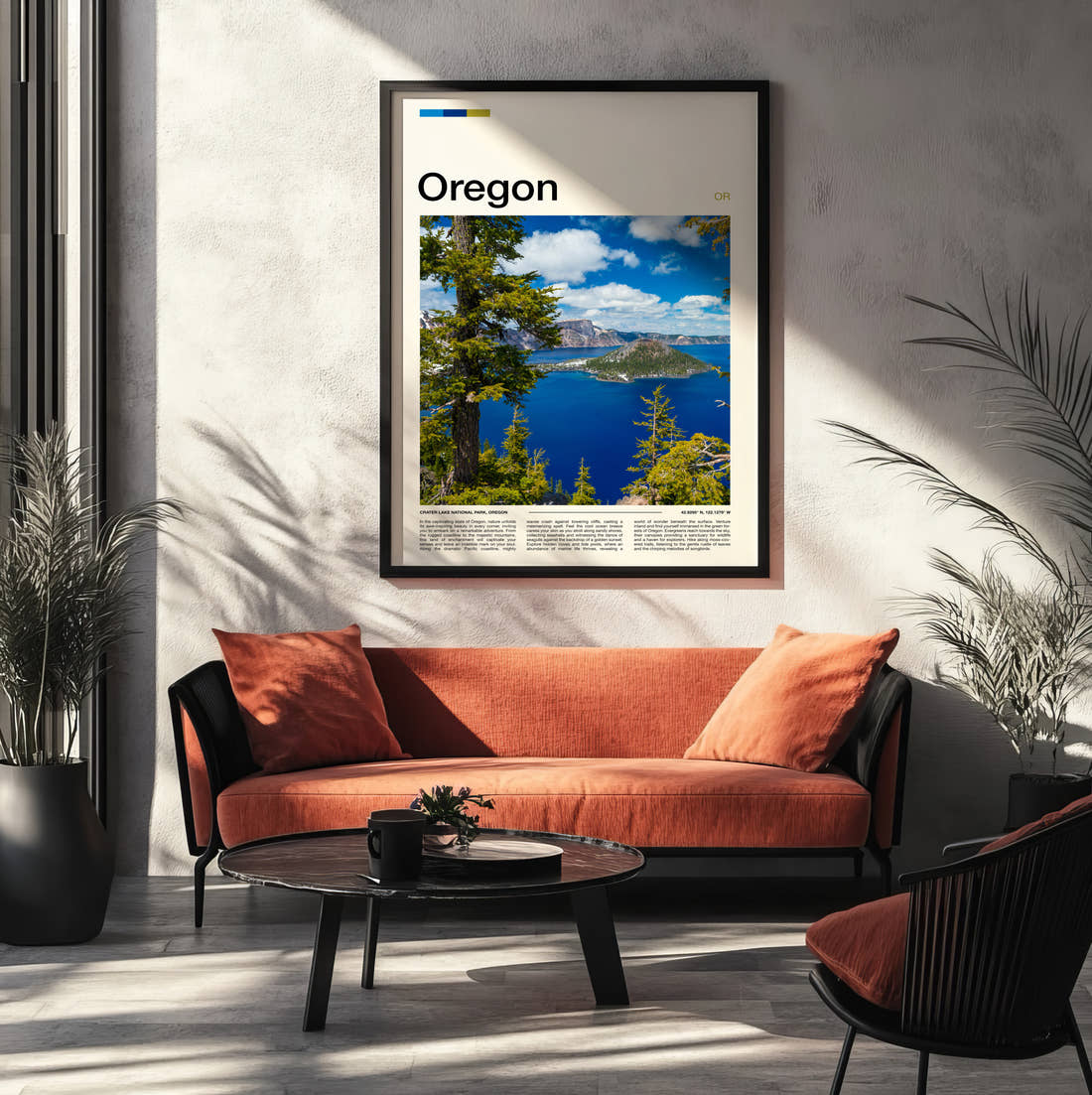 Oregon Crater Lake Travel Print framed on the wall of a modern living room