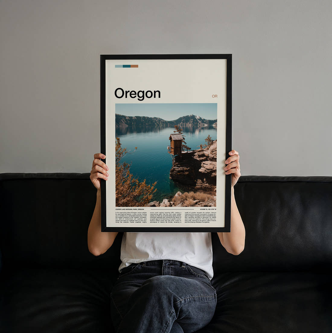 Oregon Wooden Hut Above The Lake Travel Print held up by hand to show the size of the print