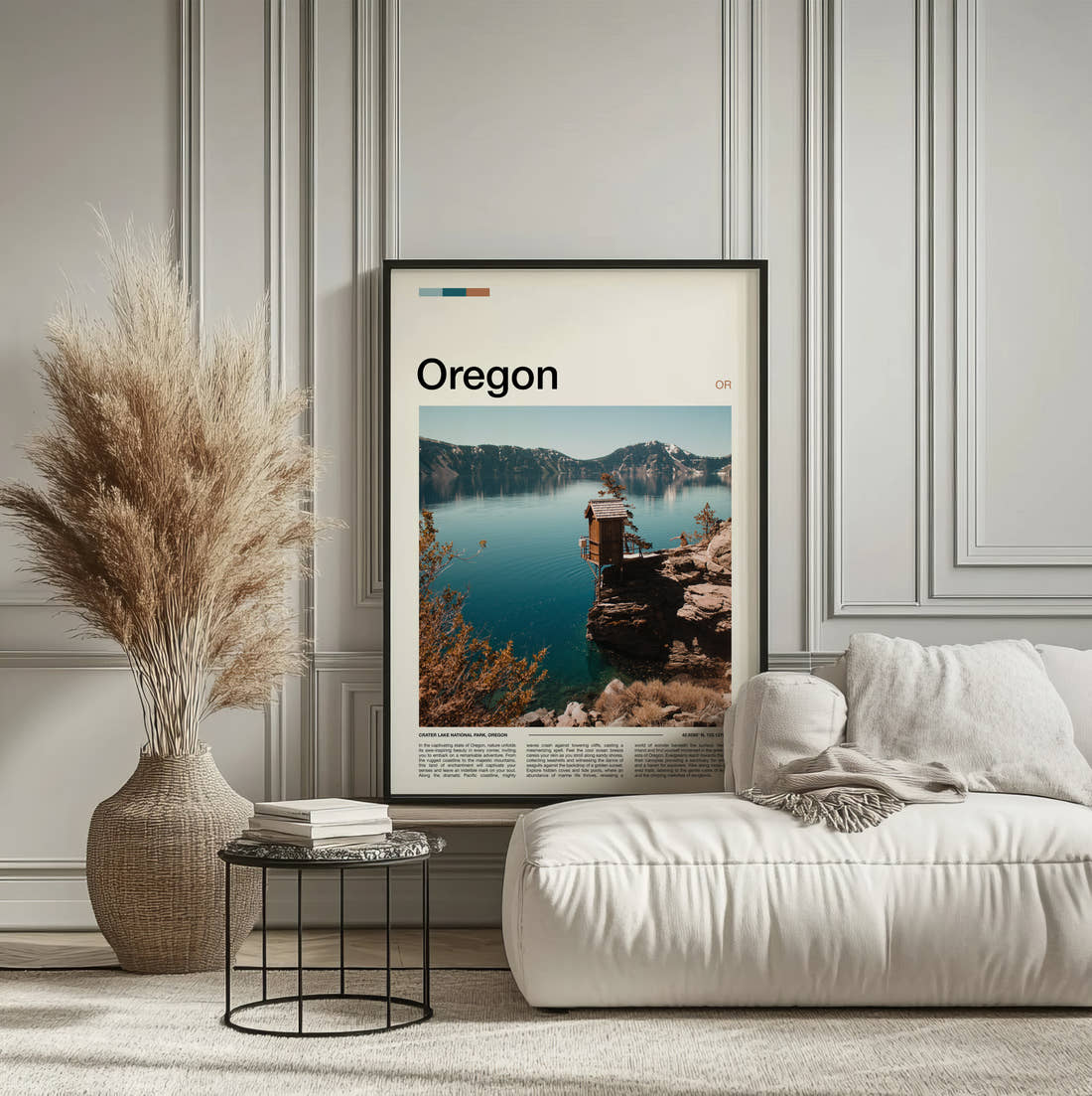 Oregon Wooden Hut Above The Lake Travel Print framed on the wall of a calm, neutral bedroom