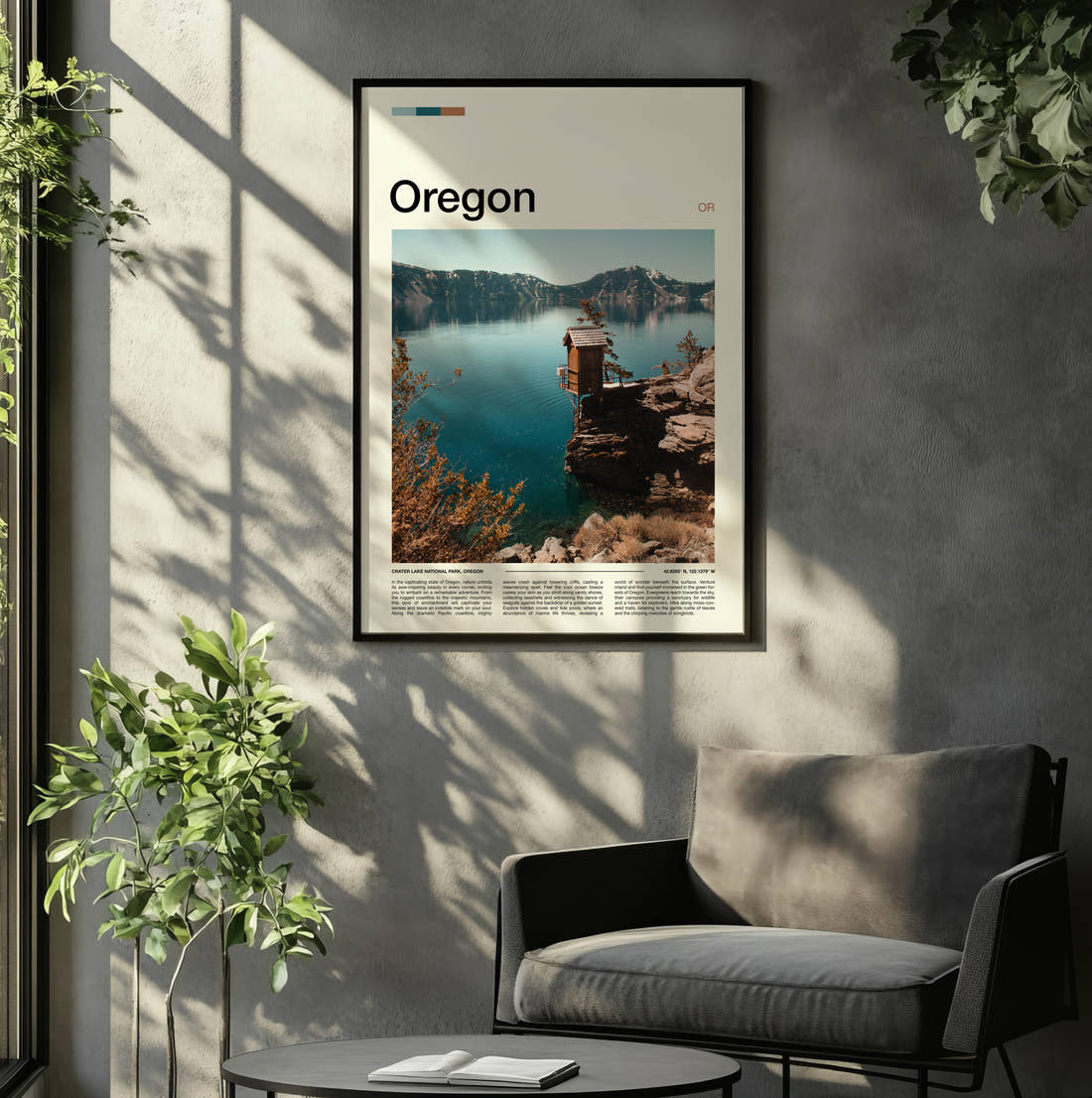 Oregon Wooden Hut Above The Lake Travel Print framed on the wall of a relaxed living room