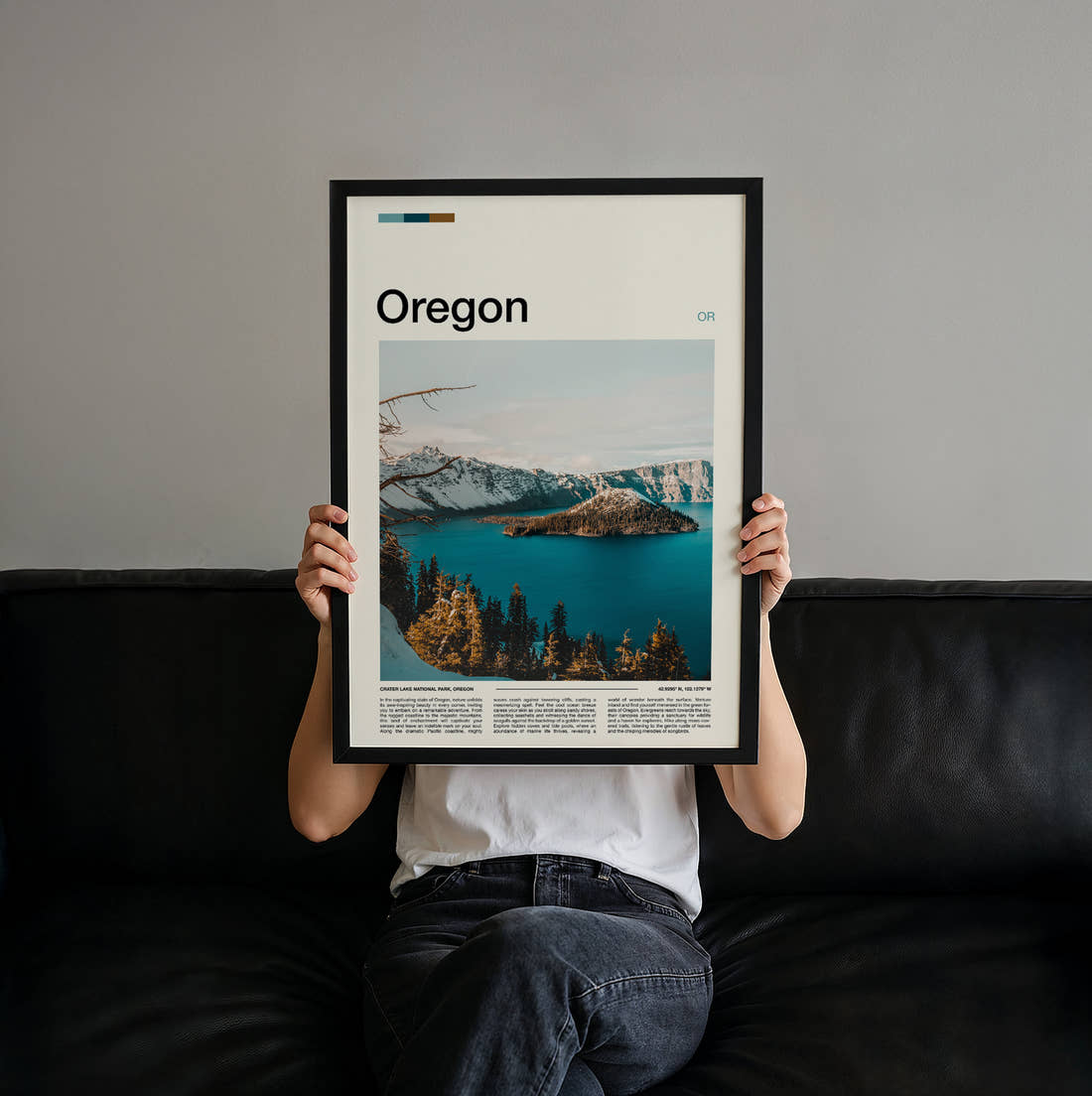 Oregon Wizard Island In Snow Travel Print held up by hand to show the size of the print