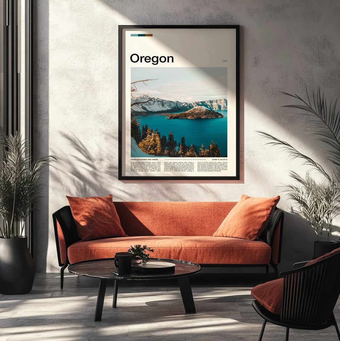 Oregon Wizard Island In Snow Travel Print framed on the wall of a modern living room