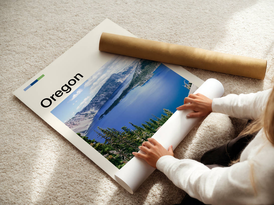 Oregon Crater Lake In Snow Travel Print being unrolled from its postal tube