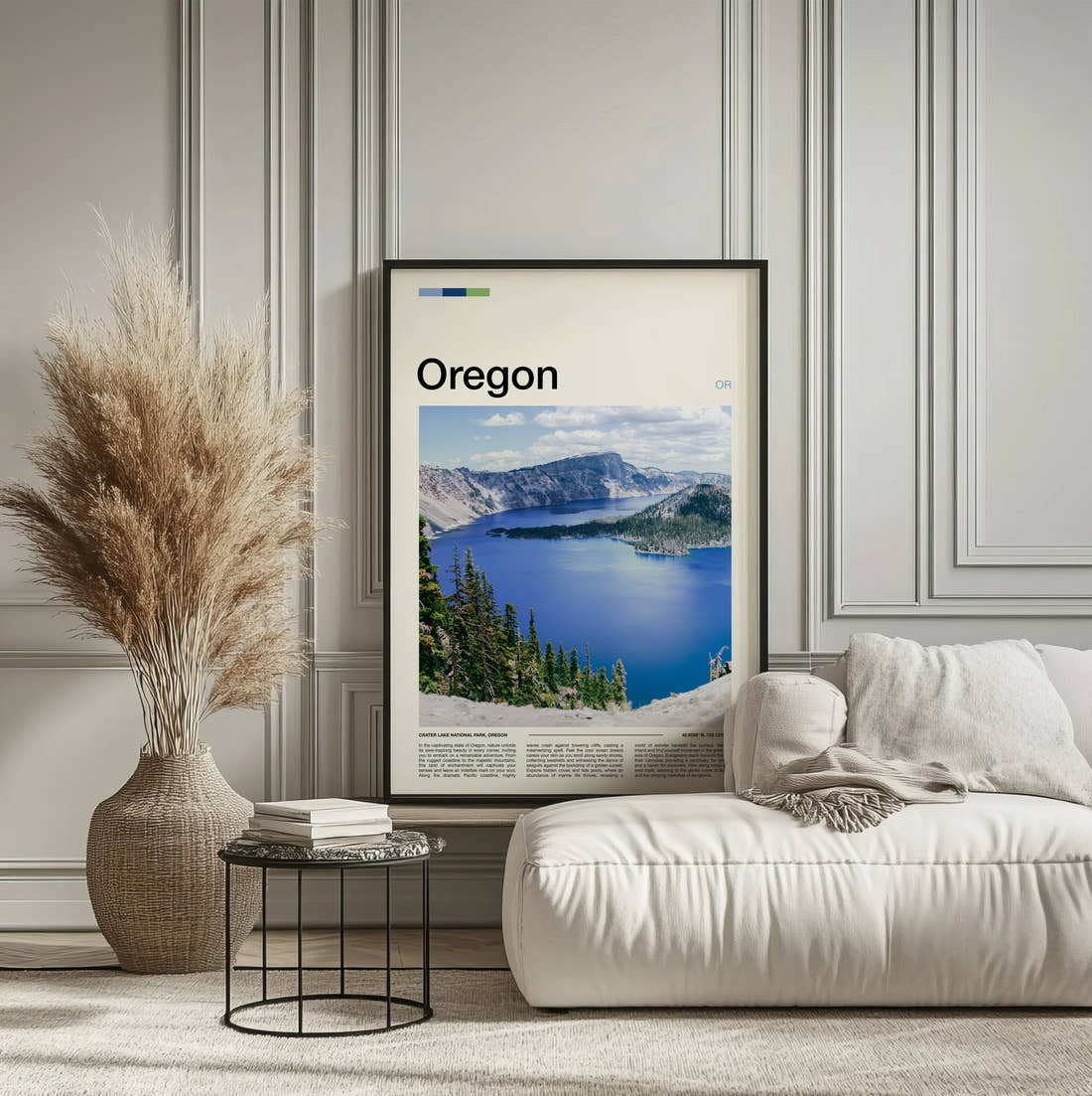 Oregon Crater Lake In Snow Travel Print framed on the wall of a calm, neutral bedroom