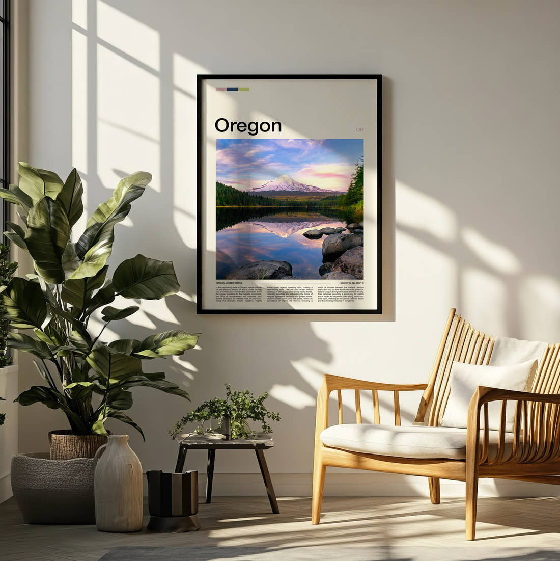 Oregon Mount Hood Reflected Travel Print framed on a pale wall beside houseplants