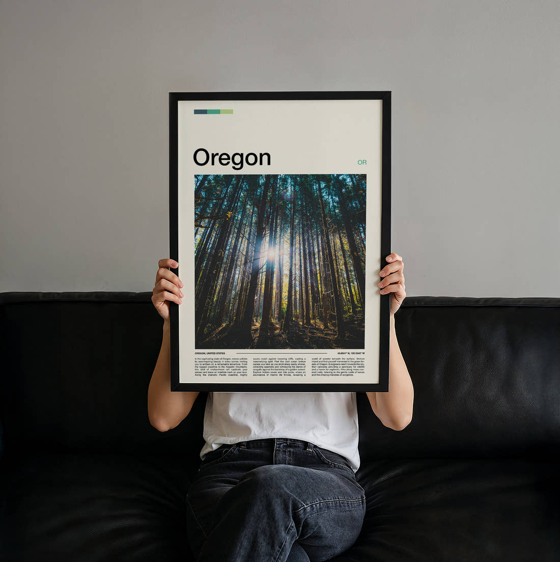 Oregon Sunlight Through Tall Trees Travel Print held up by hand to show the size of the print