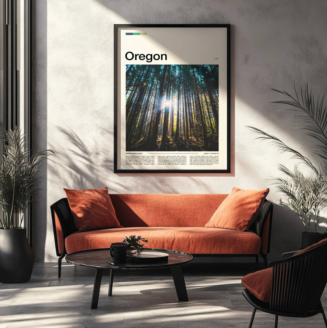 Oregon Sunlight Through Tall Trees Travel Print framed on the wall of a modern living room