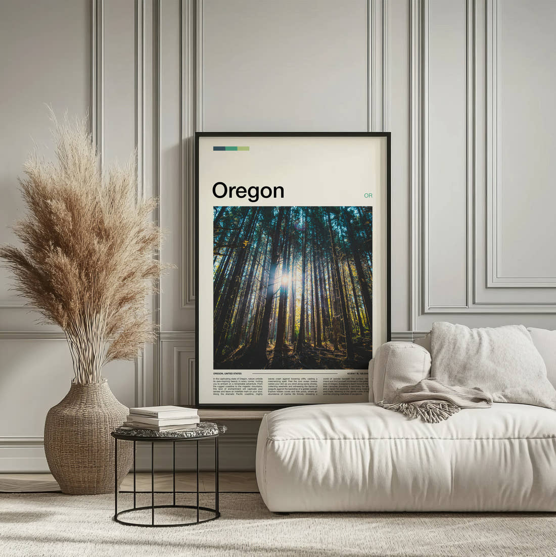 Oregon Sunlight Through Tall Trees Travel Print framed on the wall of a calm, neutral bedroom