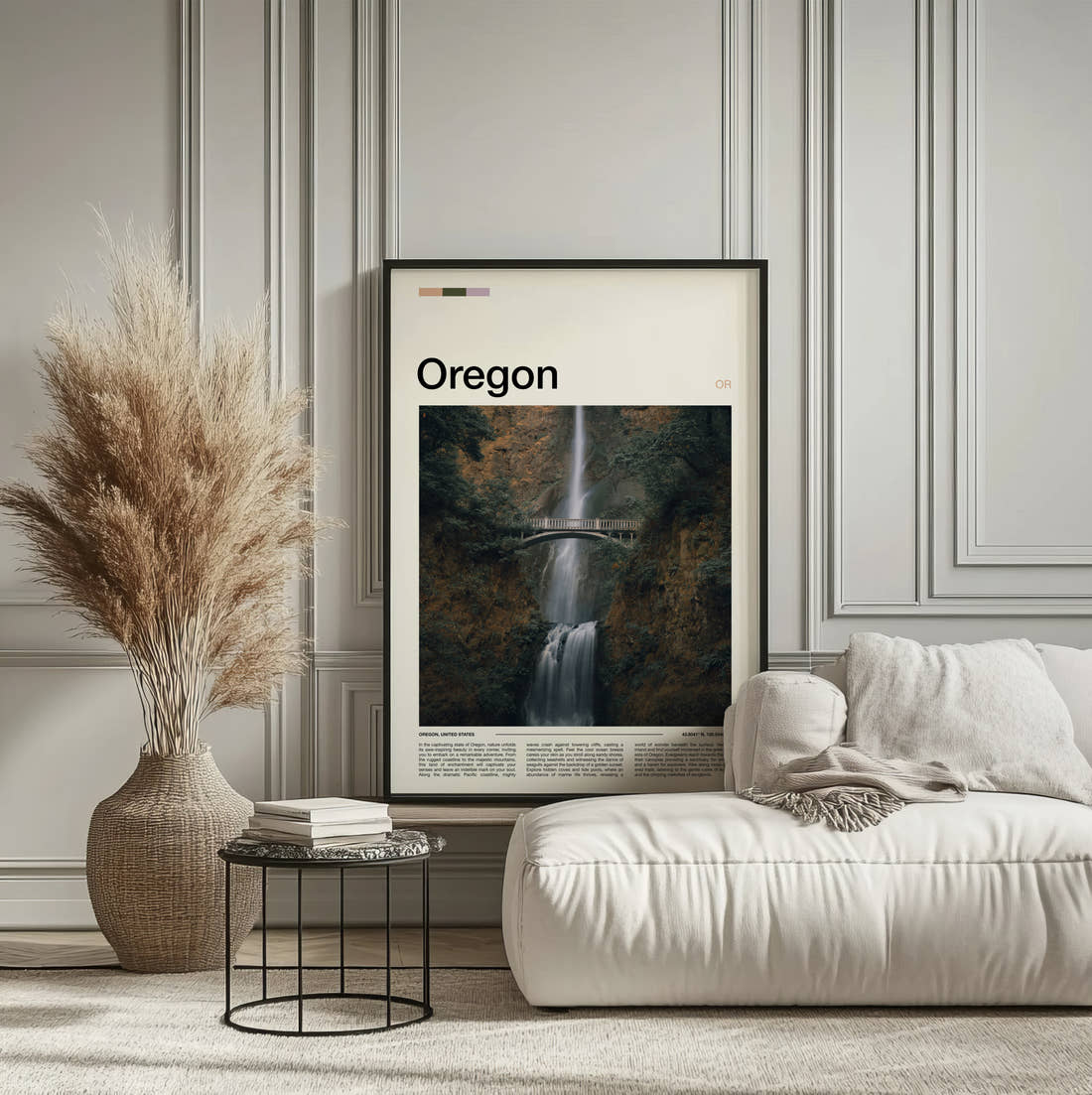 Oregon Multnomah Falls Travel Print framed on the wall of a calm, neutral bedroom