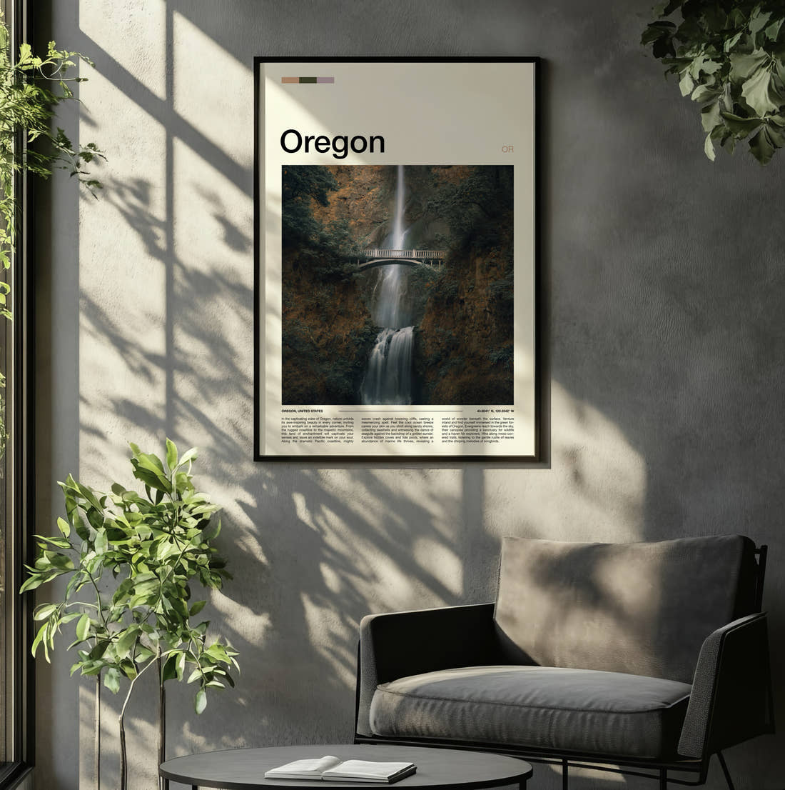 Oregon Multnomah Falls Travel Print framed on the wall of a relaxed living room