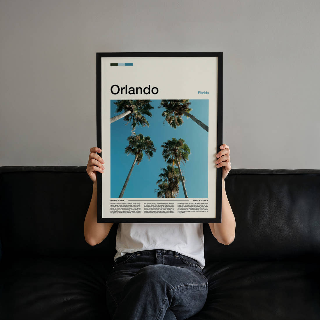 Orlando Towering Palm Canopy Travel Print held up by hand to show the size of the print