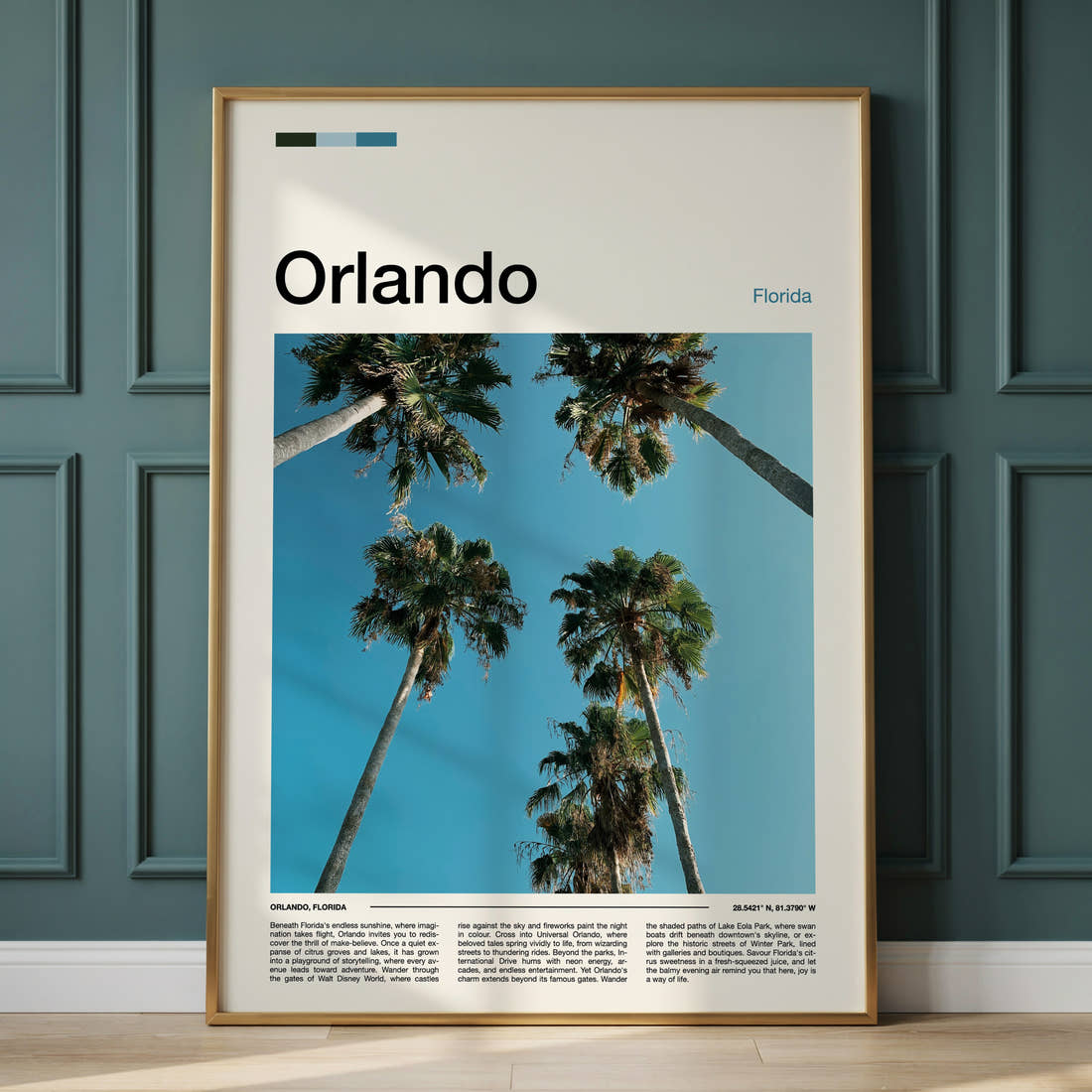 Orlando Towering Palm Canopy Travel Print framed on the wall of a calm, neutral bedroom