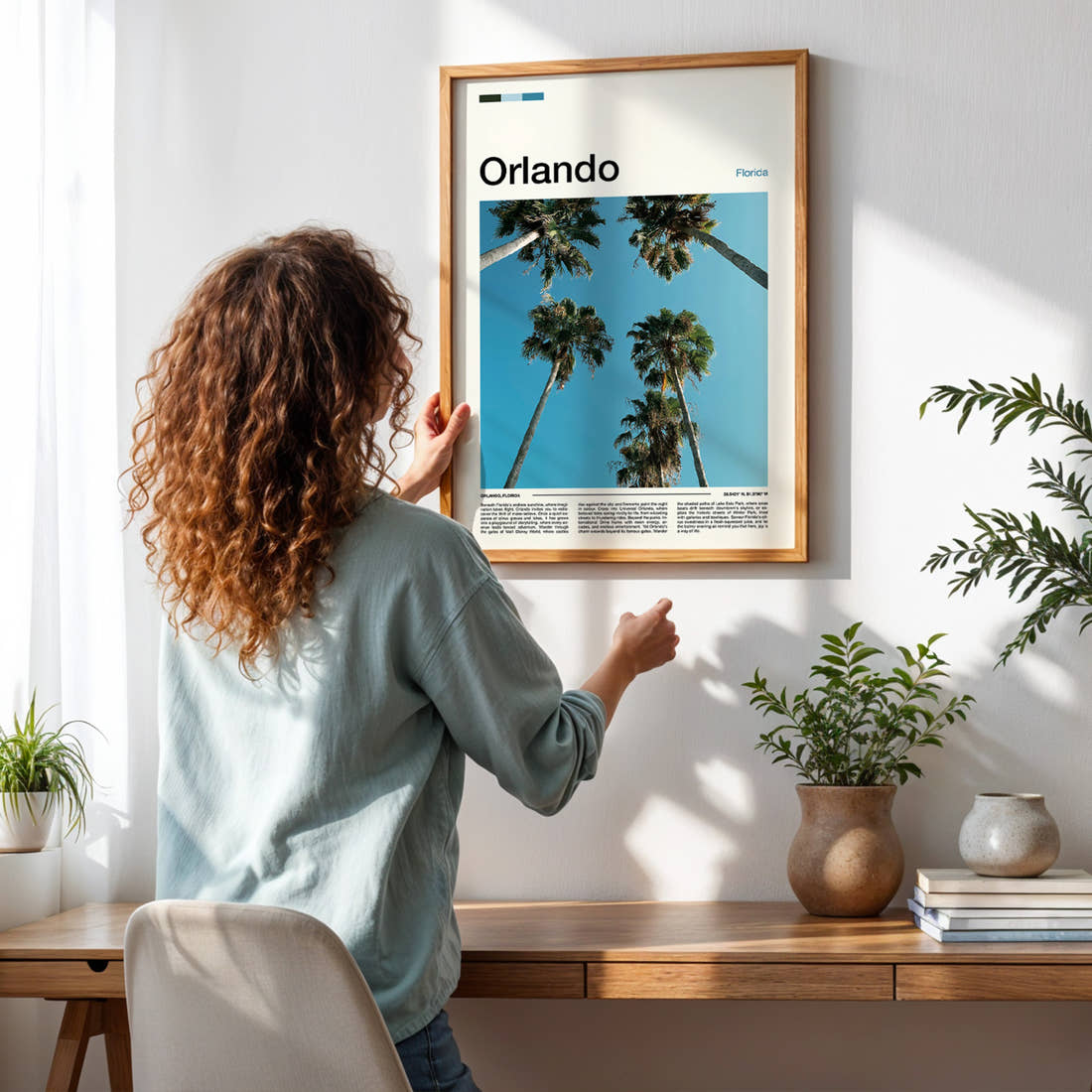 Orlando Towering Palm Canopy Travel Print framed on a pale wall beside houseplants