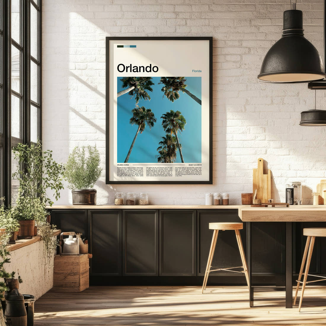 Orlando Towering Palm Canopy Travel Print framed on the wall of a bright kitchen and dining space