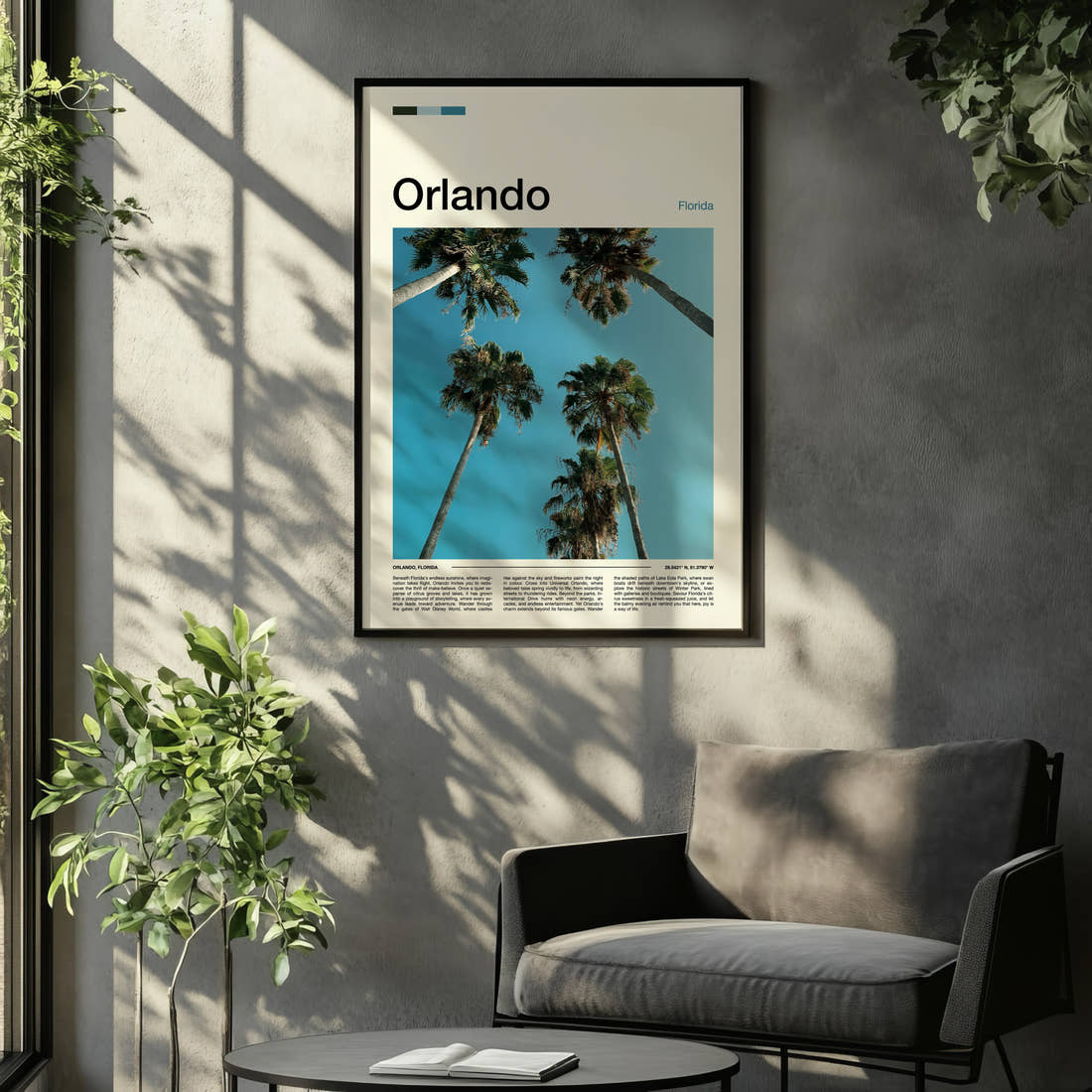 Orlando Towering Palm Canopy Travel Print framed on the wall of a relaxed living room