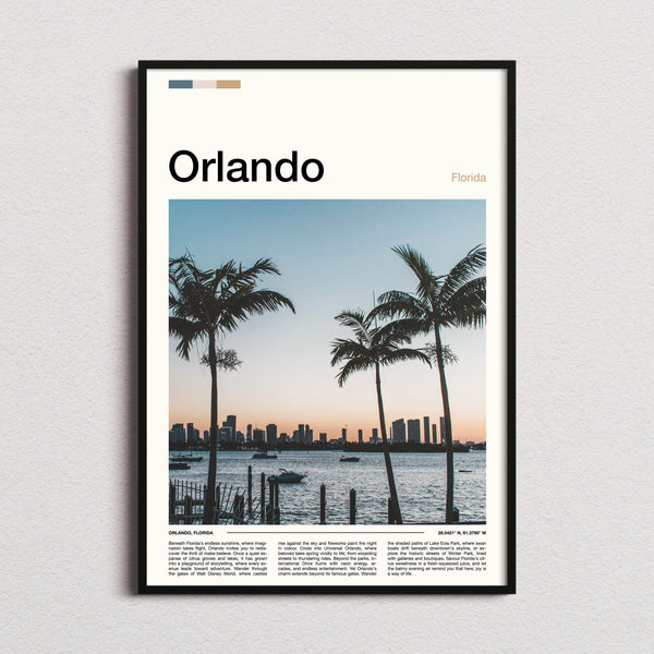 Orlando Palm-Framed City Skyline Travel Print framed and photographed straight on