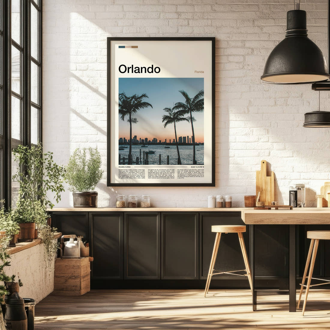 Orlando Palm-Framed City Skyline Travel Print framed on the wall of a bright kitchen and dining space
