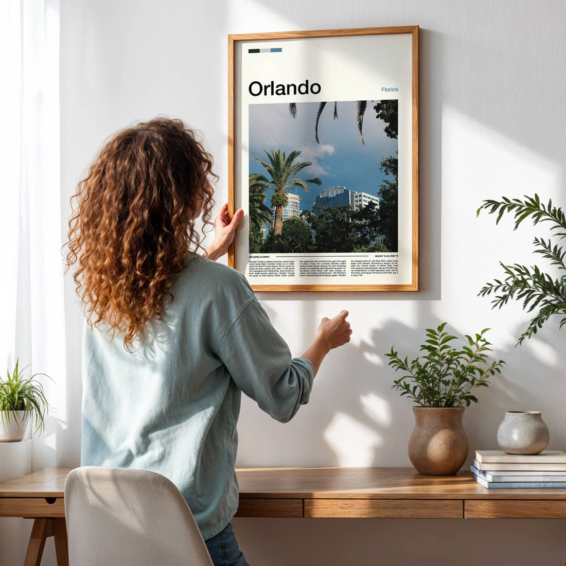 Orlando Skyline Through Palms Travel Print framed on a pale wall beside houseplants