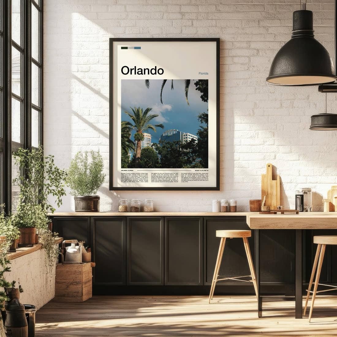 Orlando Skyline Through Palms Travel Print framed on the wall of a bright kitchen and dining space