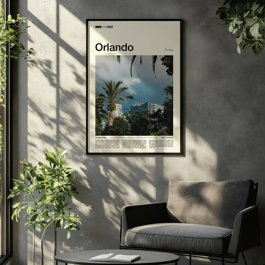 Orlando Skyline Through Palms Travel Print framed on the wall of a relaxed living room